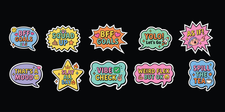 Trendy Gen Z Chat Bubble Stickers with Slang Phrases, Pop Art Speech Bubbles and Kawaii Typography