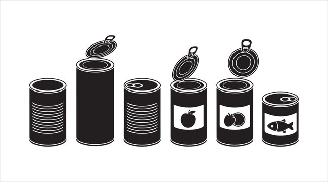 Simple canned goods collection flat black food packaging illustration for storage design