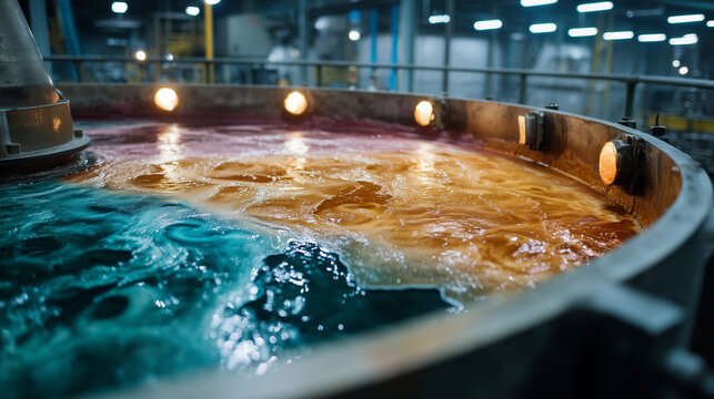 Looking down into a massive industrial solvent extraction tank in a refinery, swirling layers of strange, unnatural chemical colors like neon green, murky orange, and oily browns s