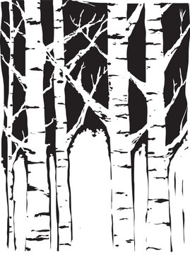 Woodcut expressionist style image of a Aspen Trees