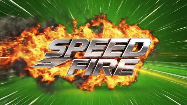 A dynamic video showcasing a speed and fire concept with a bold, flaming text effect on a green background.