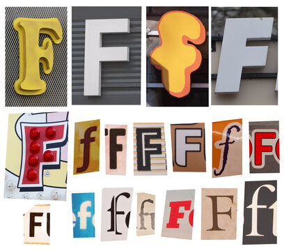 Collage of Letter F Signs and Typography Variations in Urban Signage and Graphic Design
