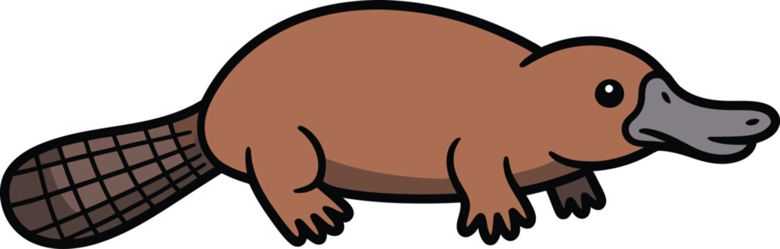 Cute platypus cartoon character vector illustration. Friendly brown duck-billed platypus isolated on white background for children's books, Australian wildlife theme, and educational graphics.