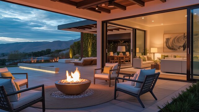 A modern outdoor living space with a fire pit and comfortable seating area overlooking a mountainous landscape at dusk