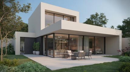 Fototapeta premium A modern white house with a large glass window and a patio area