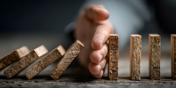 A focused human hand intervenes to prevent a critical chain reaction of wooden blocks from collapsing completely on a dark textured surface indoors illustrating crisis management