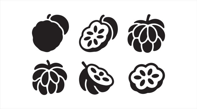 Custard apple silhouettes black vector set sugar apple tropical fruit icons minimalist design