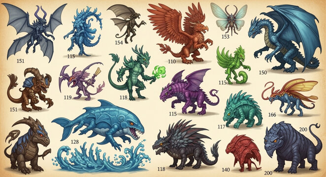 Collection of fantasy creatures and mythical beasts.