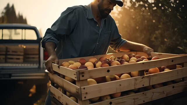 Two men loading apple crates into pickup truck at sunset in orchard with golden sunlight illuminating wooden boxes and rows of fruit