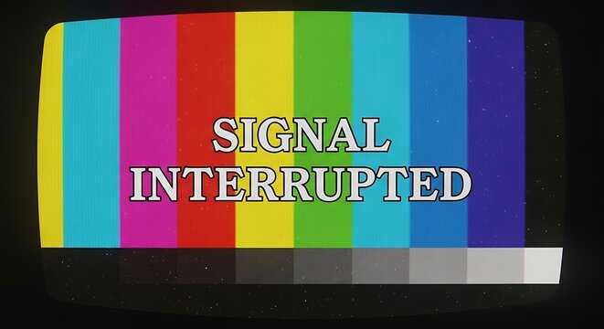 Signal interrupted tv test pattern with vintage static and color bars.