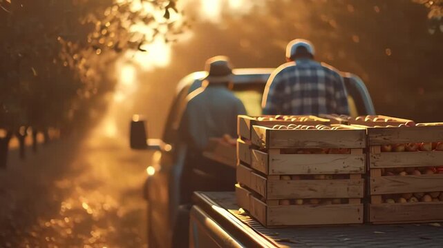 Two workers loading apple crates into pickup truck in orchard at sunset with golden light shining over rows of fruit
