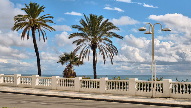 Benalmadena, Spain - 24 December 2025: View of vibrant palm trees against a backdrop of the sparkling sea, framed by a pristine white balustrade under a sky alive with dynamic clouds.