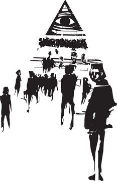 Woodcut expressionist style image of People following Q-anon conspiracies 