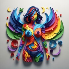 Fototapeta premium Colorful paper sculpture of a female figure, adorned with wings and decorative elements