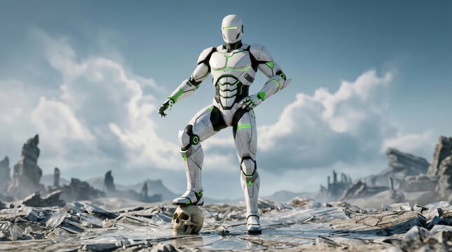 A sleek white and green humanoid robot stands victoriously with one foot on a human skull in a desolate, post-apocalyptic landscape.