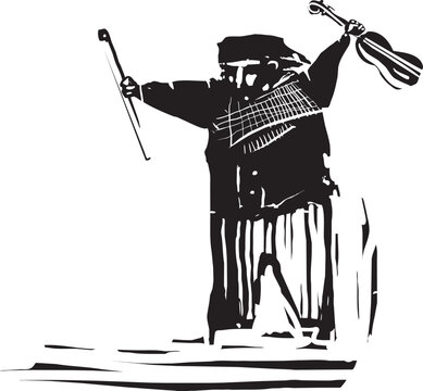 Woodcut expressionist style image of Gypsy style man with a violin