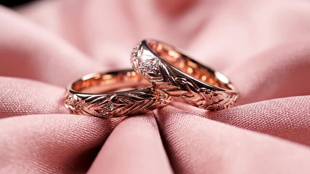 ピンク色の布地の上に置かれた一対のローズゴールドの結婚指輪。繊細な彫刻が施されたマリッジリングのクローズアップ。愛と誓いのシンボル