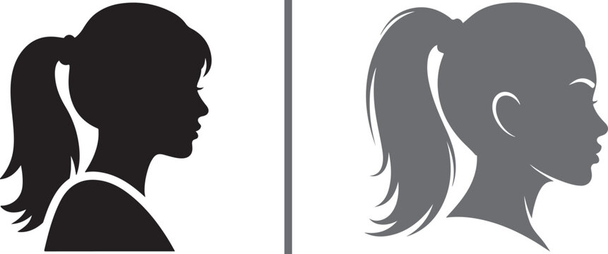 Side-profile vector silhouettes of two women with high ponytails. Features a black silhouette on the left and a gray detailed profile on the right. Minimalist and elegant graphic design.
