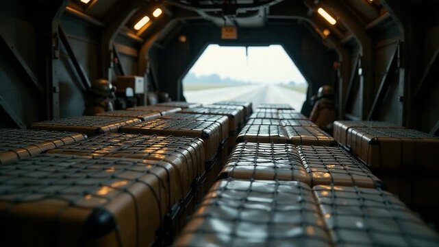Video Row of luggage sitting on the floor of an airplane, ready for transport