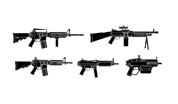 Military weapons silhouette vector set with rifles shotgun and machine gun