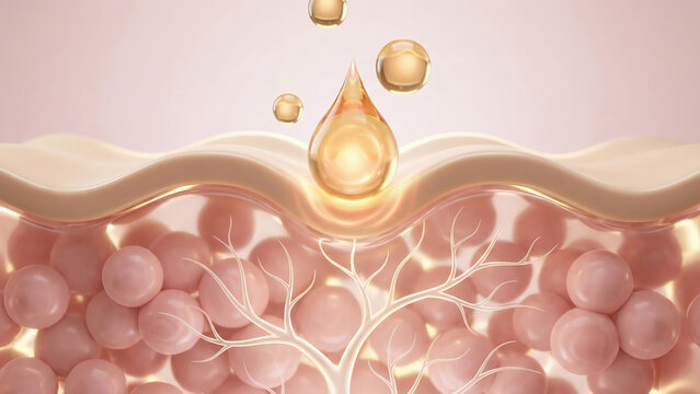 Cosmetic serum drop moisturizing skin layers and boosting collagen for an anti-aging effect.