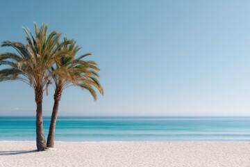 Fototapeta premium Twin palm trees on a serene white sand beach with turquoise sea and clear sky, minimalist coastal landscape
