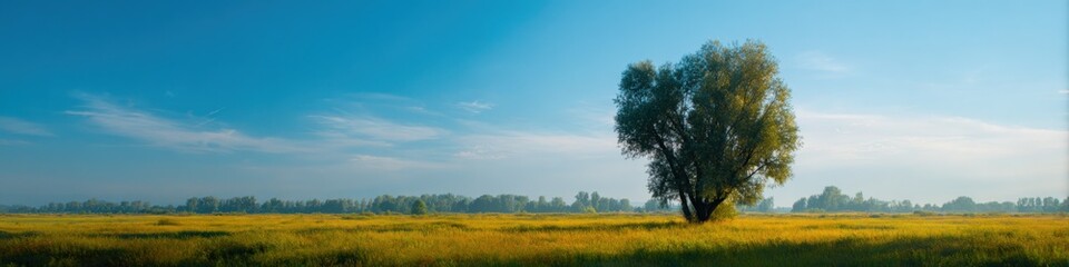 Fototapeta premium Solitary tree in a sunlit meadow beneath a vast blue sky with distant treeline and soft clouds, offering a calm rural panorama and open summer landscape