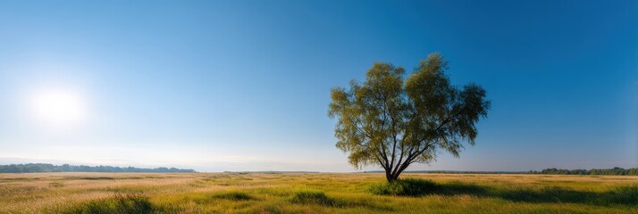 Fototapeta premium Lone tree in golden grass field under wide blue sky with bright morning sun and distant flat horizon