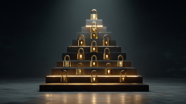 A digital visualization of a security clearance pyramid structure. The apex and upper tiers are highlighted with golden glowing locks and biometric scanners to indicate restricted