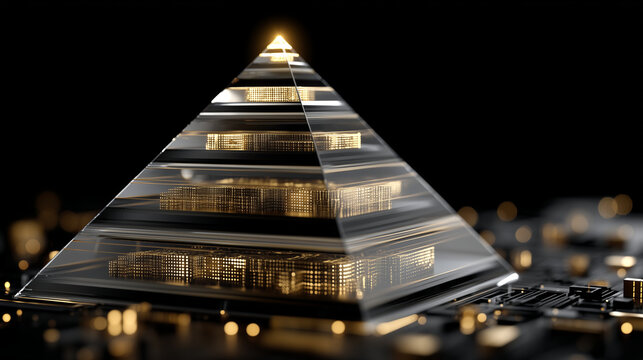 A digital visualization of a security clearance pyramid structure. The apex and upper tiers are highlighted with golden glowing locks and biometric scanners to indicate restricted