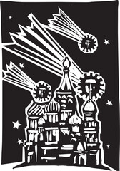 Fototapeta premium Woodcut style comets that look like covid pandemic spores coming down over the kremlin in moscow