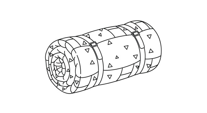 Comfortable rolled sleeping mat or blanket featuring a simple triangle pattern and secured with adjustable black straps.