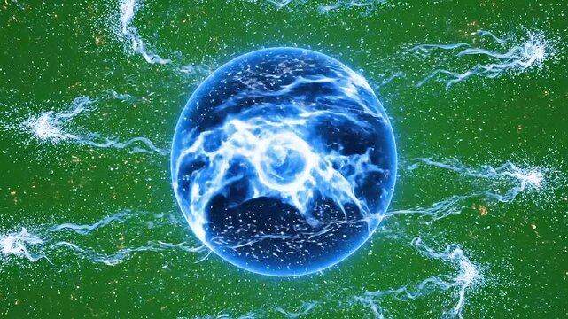 Glowing blue energy sphere crackling with power amidst swirling green particles