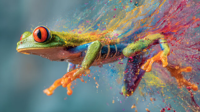 Vibrant Red-Eyed Tree Frog Portrait with Dynamic Water and Paint Splash Effects, Tropical Wildlife Art Illustration Isolated on Black Background