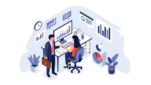 Colleagues collaborate in a modern office using a computer with data analytics and financial charts to manage business operations.