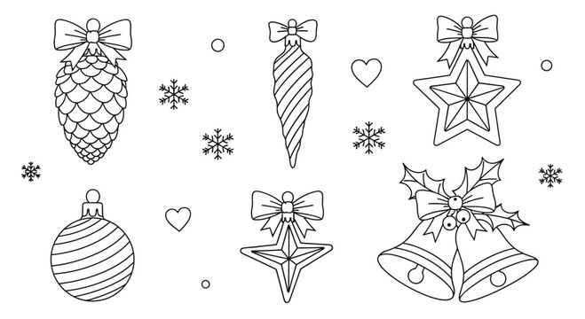 Assorted Christmas tree ornaments including pine cones, stars, bells, and decorative balls in a line art style for coloring.