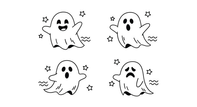 Quartet of adorable ghost characters in different poses and emotional expressions with tiny stars for Halloween fun.