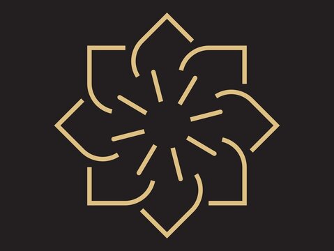 Geometric design with a floral motif features intersecting lines forming a symmetrical pattern. Eight petal-like shapes radiate from the center, outlined in a golden hue.