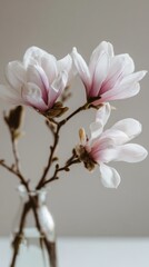 Obraz premium Close-up of pale pink and white magnolia blossoms on a slender branch placed in a small glass vase against a neutral background with soft light highlighting delicate petals and texture