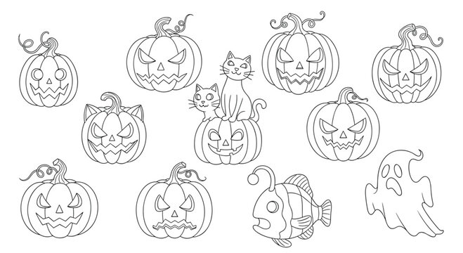 Big collection of Halloween themed characters including spooky jack-o-lantern pumpkins, cats, a deep sea fish, and a ghost.