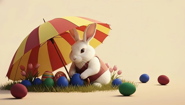 White rabbit with vest sitting under a colorful umbrella with painted eggs in green grass. Cute animal character for Easter greeting card design. Spring holiday celebration concept.