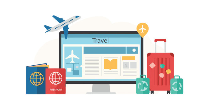 A travel concept illustration features a monitor displaying a travel website, luggage, passports, and an airplane.