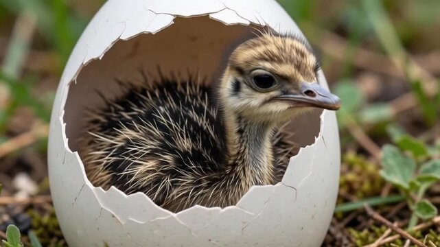 Newly hatched ostrich chick emerging from its eggshell.