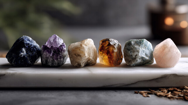 Aligned set of raw healing crystals on white marble for chakra balancing
