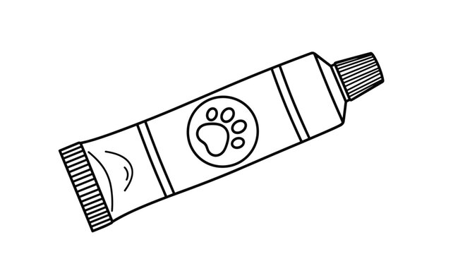 Simple outline drawing of a tube of pet toothpaste or medical ointment with a paw print icon for animal care.