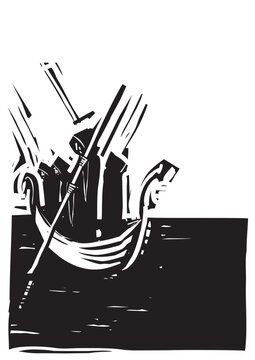 Woodcut expressionist style image of a a ferryman carrying the dead over the river styx