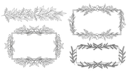 Obraz premium Elegant collection of hand drawn botanical frames with leaf and berry branches provides a sophisticated touch for invitations.