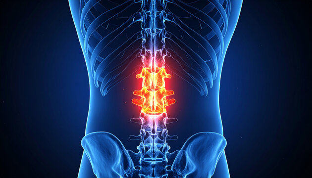 Medical illustration shows a detailed 3D cross-section of human spine with a herniated disc