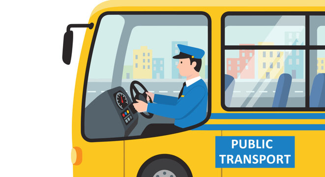 A male bus driver in a blue uniform operates a yellow public transport bus with a city skyline visible through the windows.