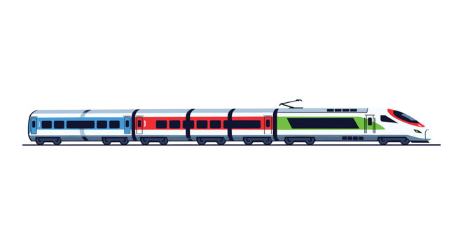 A sleek, modern high-speed train with blue, red, and green carriages travels horizontally on a track.